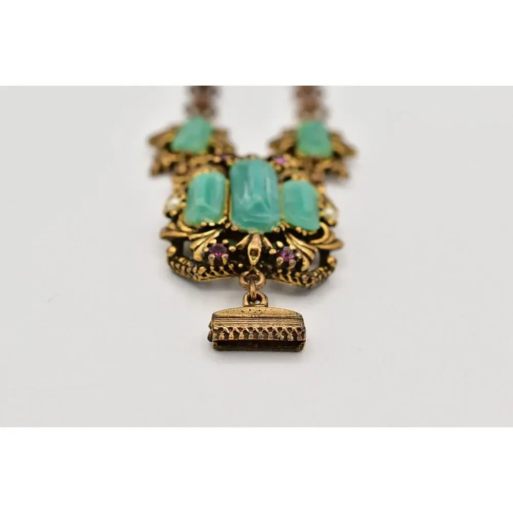 Vintage Collar Necklace Green Cabochon Antiqued Brass Gold Chunky Heavy BinA17